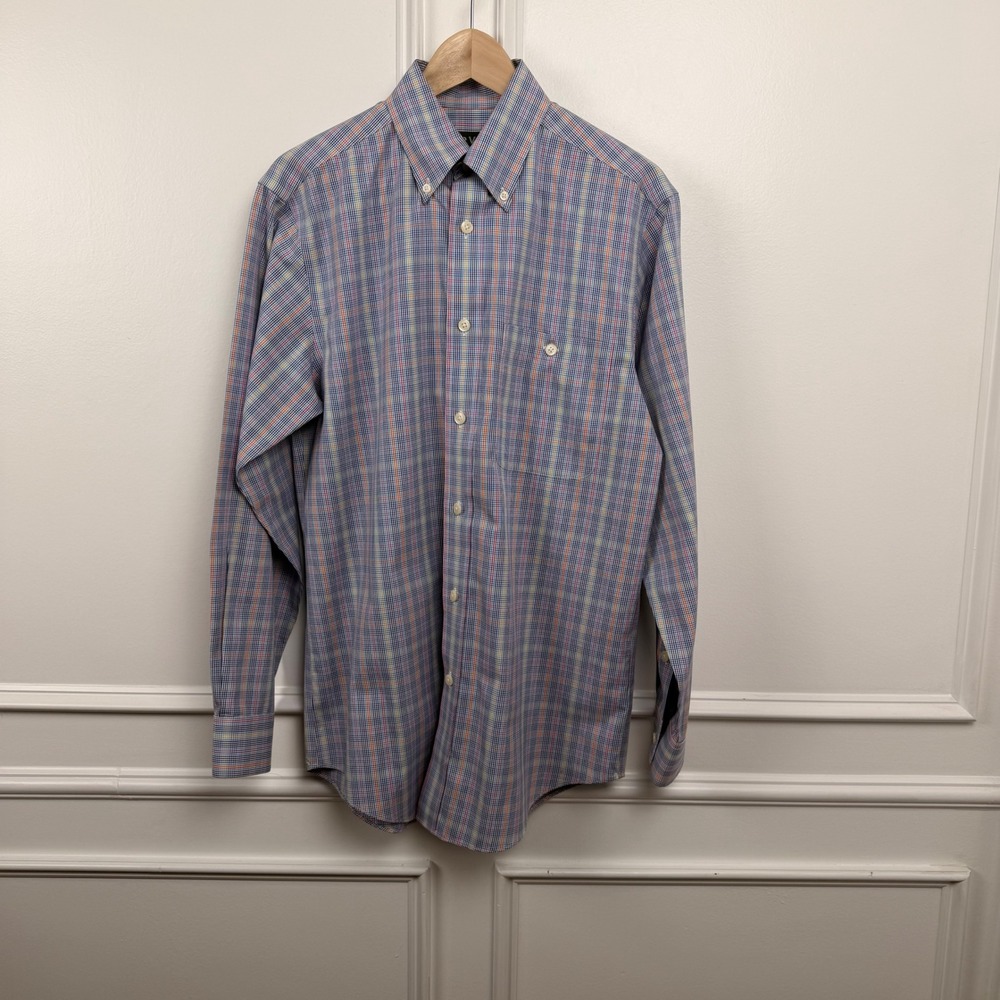 Orvis Mens Small Plaid Button Down Shirt Blue Orange Cotton Long Sleeve RN70534